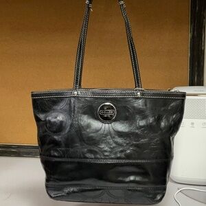 Coach Black Leather Tote with Logo Medallion